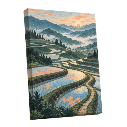 Terraces in Peach Light, blue, green, orange nature wall art shown as a stretched canvas wall art