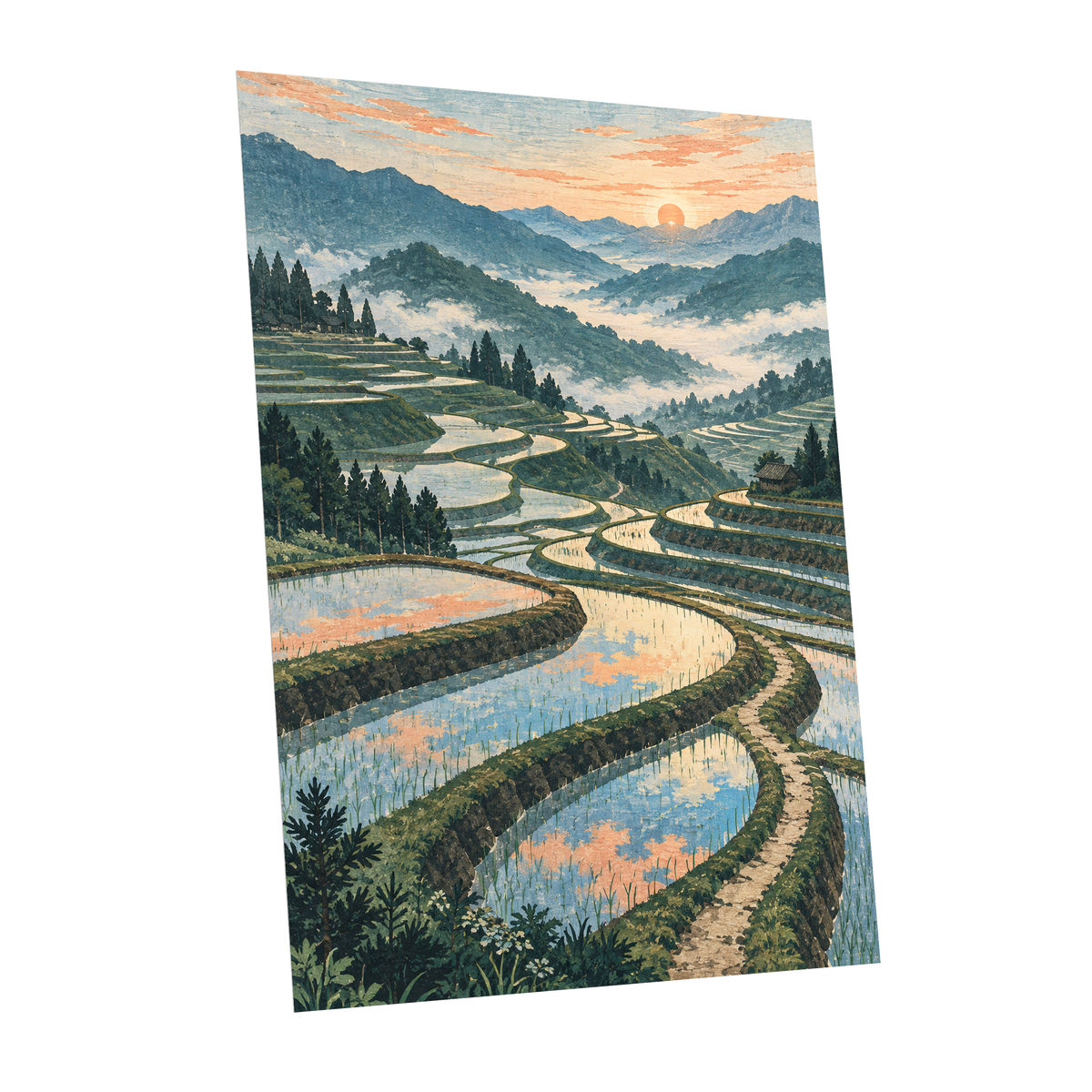 Terraces in Peach Light, blue, green, orange nature wall art shown as a unframed poster wall art print