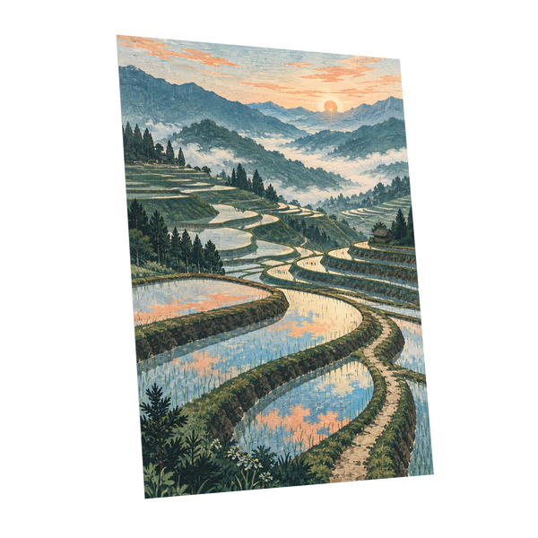 Terraces in Peach Light, blue, green, orange nature wall art shown as a unframed poster wall art print