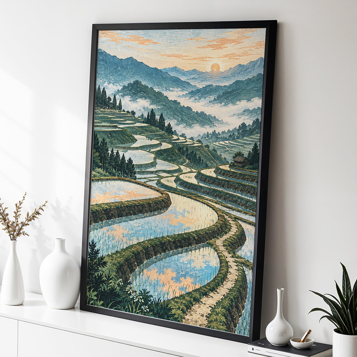 Terraces in Peach Light, blue, green, orange nature wall art displayed in a styled interior, gallery view 2