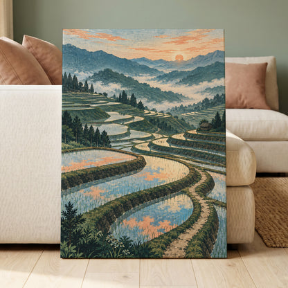 Terraces in Peach Light, blue, green, orange nature wall art displayed in a styled interior, gallery view 3
