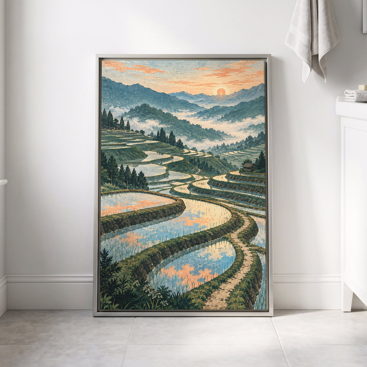 Terraces in Peach Light, blue, green, orange nature wall art displayed in a styled interior, gallery view 4