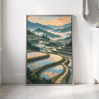 Terraces in Peach Light, blue, green, orange nature wall art displayed in a styled interior, gallery view 4
