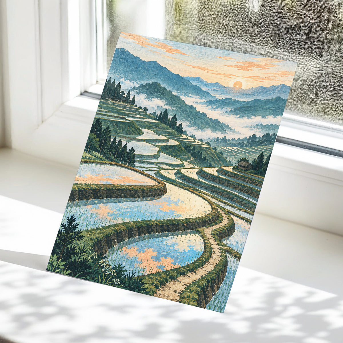 Terraces in Peach Light, blue, green, orange nature wall art displayed in a styled interior, gallery view 5
