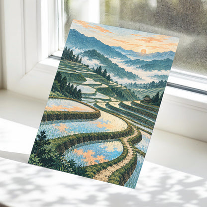 Terraces in Peach Light, blue, green, orange nature wall art displayed in a styled interior, gallery view 5