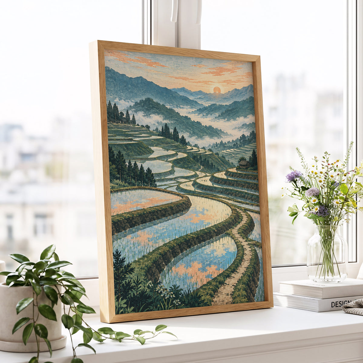 Terraces in Peach Light, blue, green, orange nature wall art displayed in a styled interior, gallery view 6
