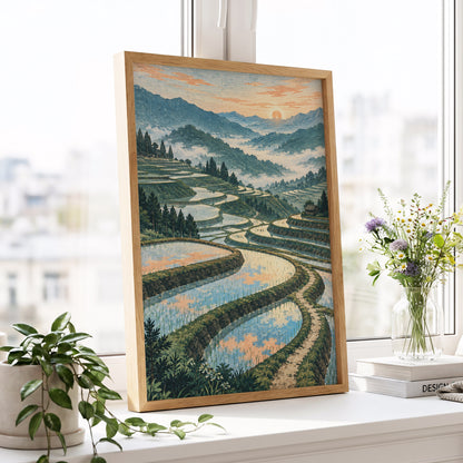 Terraces in Peach Light, blue, green, orange nature wall art displayed in a styled interior, gallery view 6