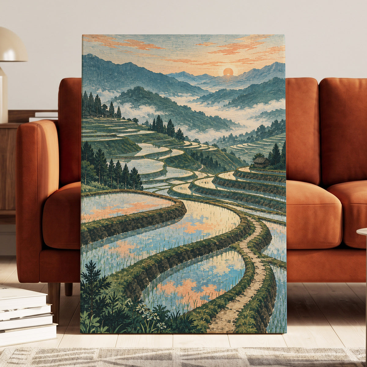 Terraces in Peach Light, blue, green, orange nature wall art displayed in a styled interior, gallery view 7