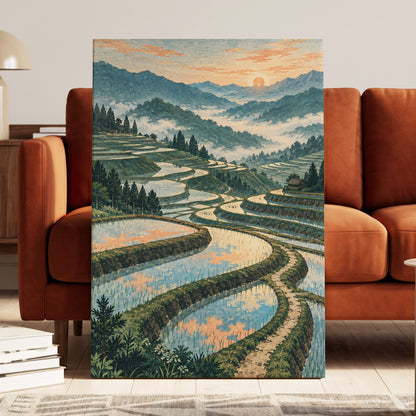 Terraces in Peach Light, blue, green, orange nature wall art displayed in a styled interior, gallery view 7