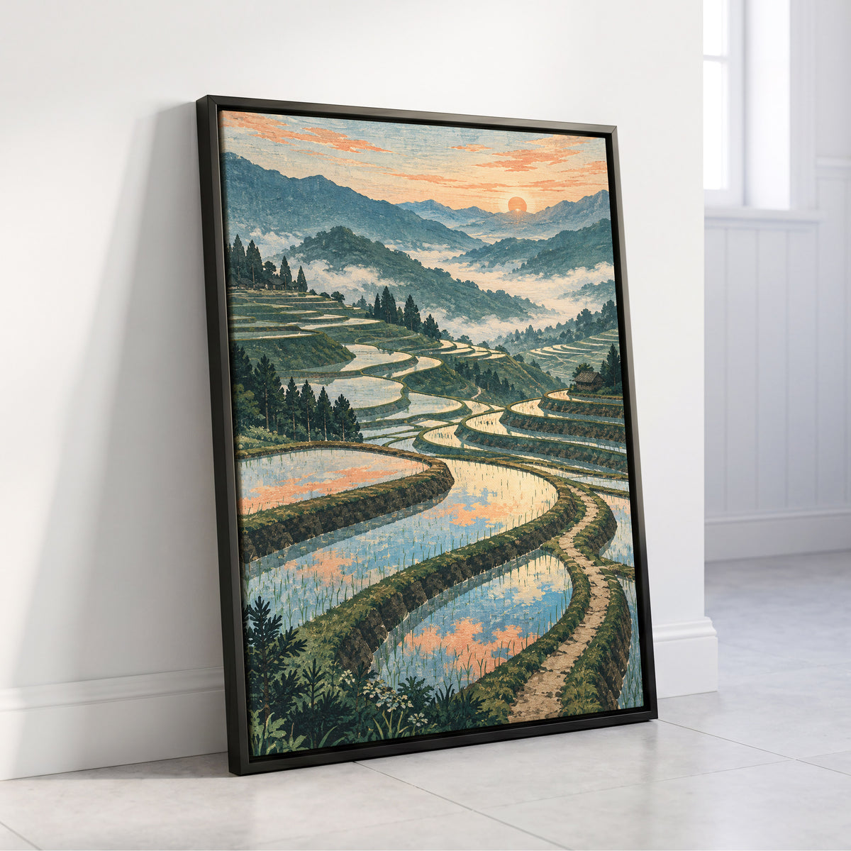 Terraces in Peach Light, blue, green, orange nature wall art displayed in a styled interior, gallery view 8