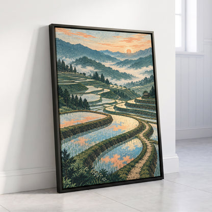 Terraces in Peach Light, blue, green, orange nature wall art displayed in a styled interior, gallery view 8