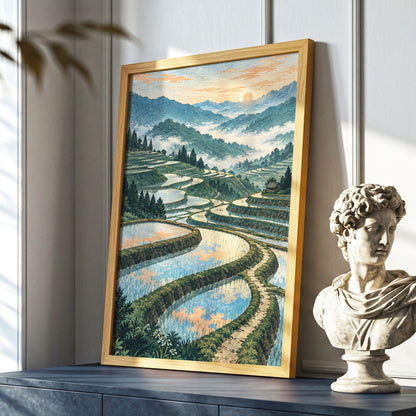 Terraces in Peach Light, blue, green, orange nature wall art displayed in a styled interior, gallery view 9