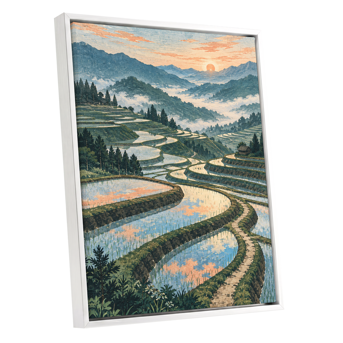 Terraces in Peach Light, blue, green, orange nature wall art shown as a white framed canvas wall art