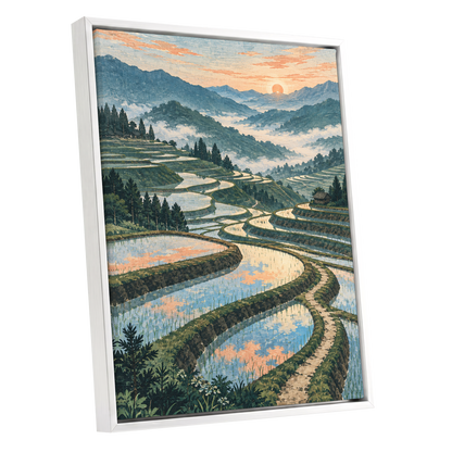 Terraces in Peach Light, blue, green, orange nature wall art shown as a white framed canvas wall art