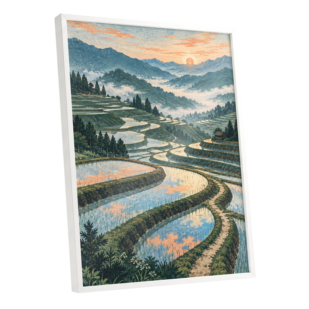 Terraces in Peach Light, blue, green, orange nature wall art shown as a white framed poster wall art print