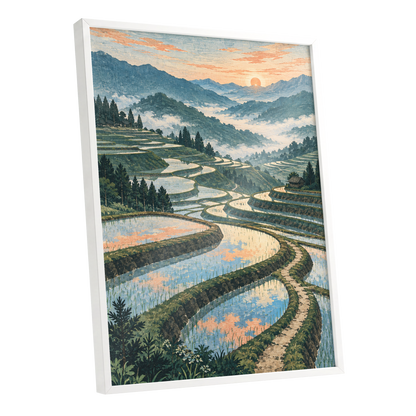 Terraces in Peach Light, blue, green, orange nature wall art shown as a white framed poster wall art print