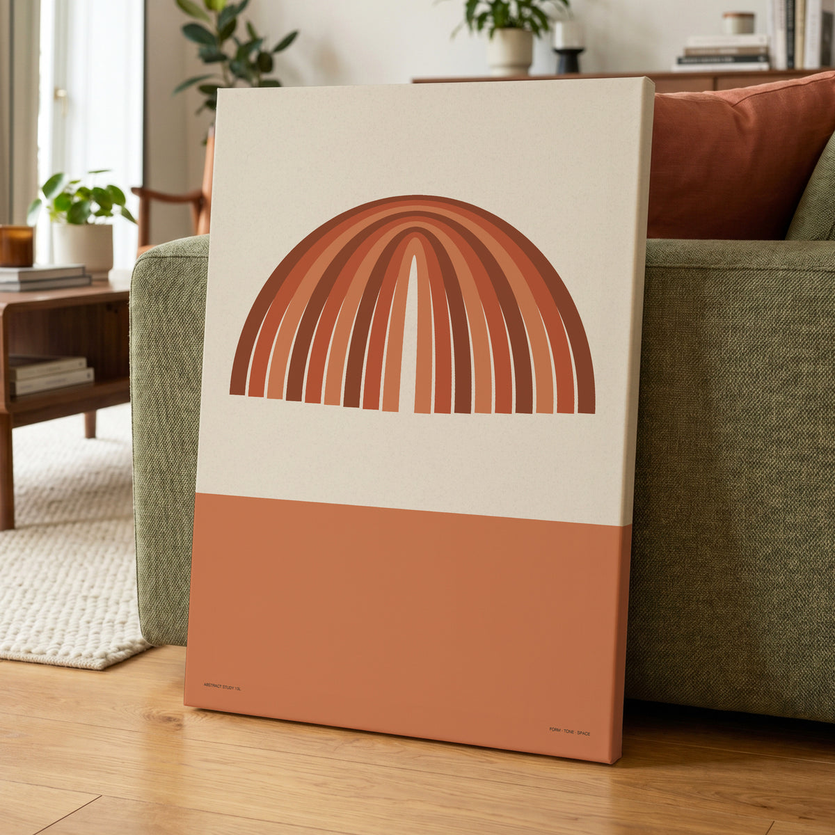 Terracotta Arches, beige, brown, orange minimalist wall art on canvas displayed in a styled interior, gallery view 1
