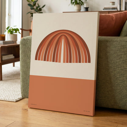Terracotta Arches, beige, brown, orange minimalist wall art on canvas displayed in a styled interior, gallery view 1