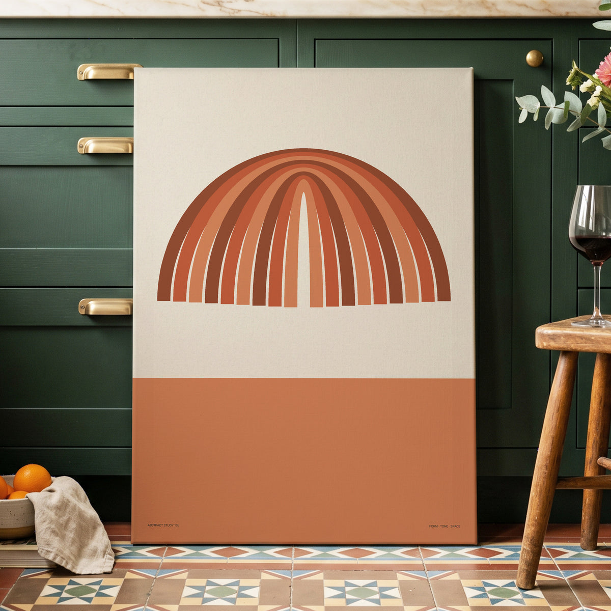 Terracotta Arches, beige, brown, orange minimalist wall art on canvas displayed in a styled interior, gallery view 2