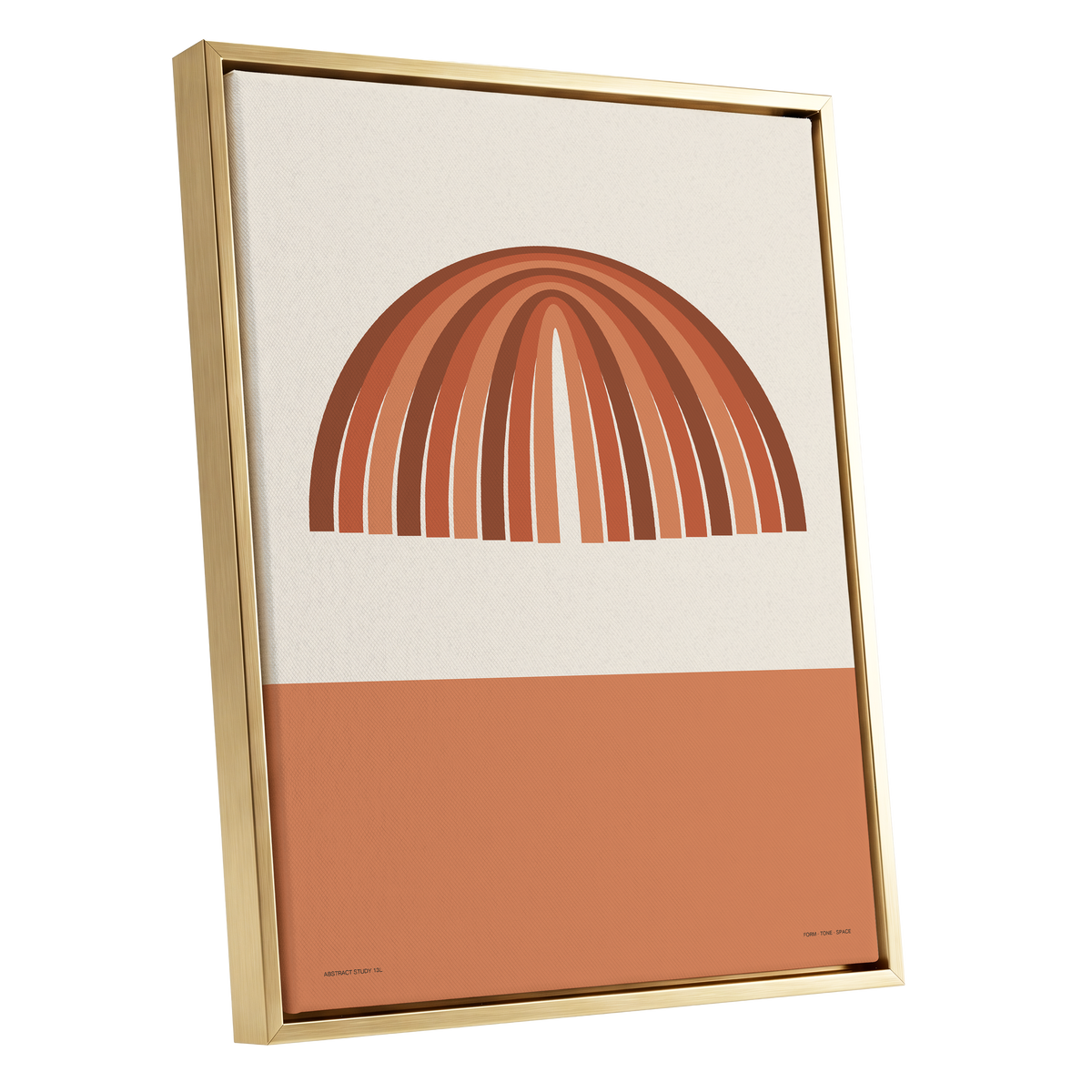 Terracotta Arches, beige, brown, orange minimalist wall art shown as a gold framed canvas wall art