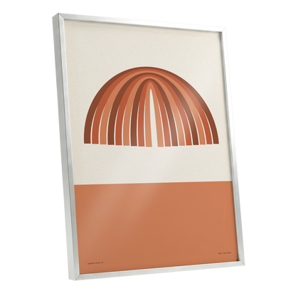 Terracotta Arches, beige, brown, orange minimalist wall art shown as a silver framed poster wall art print