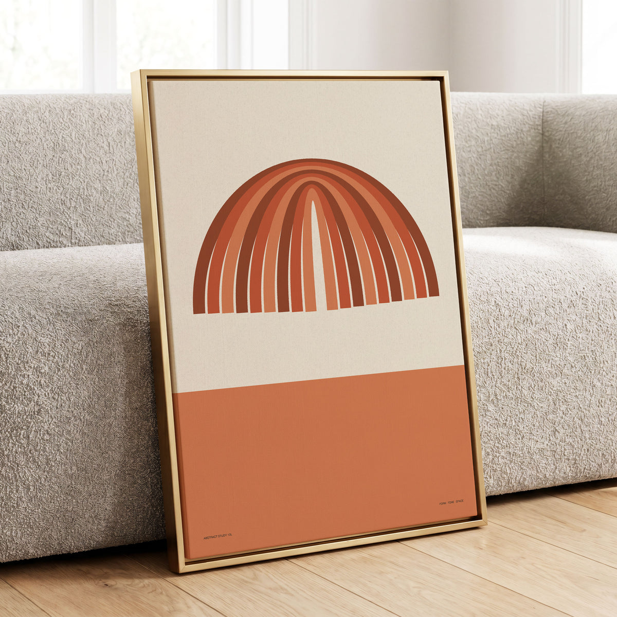Terracotta Arches, beige, brown, orange minimalist wall art displayed in a styled interior, gallery view 1