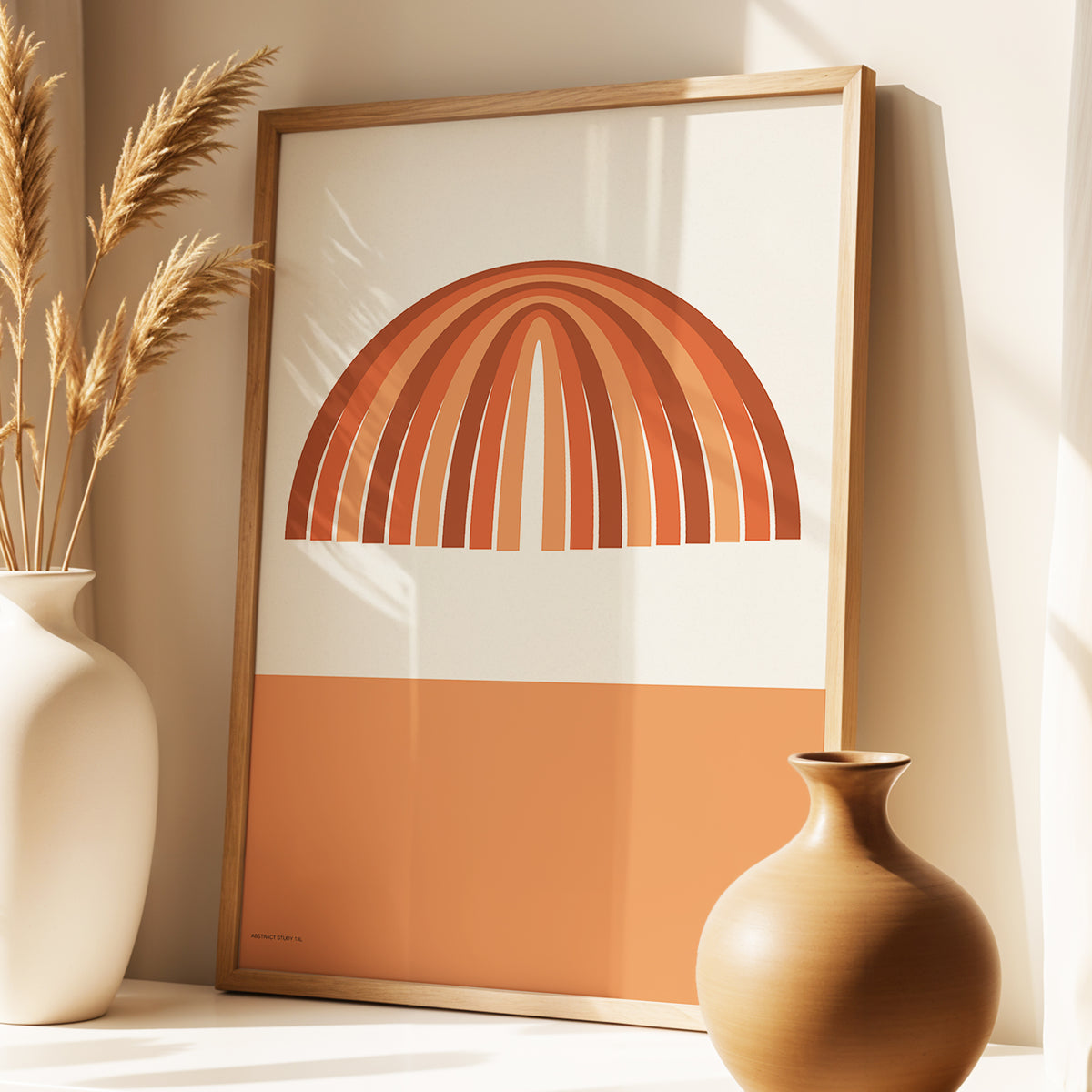 Terracotta Arches, beige, brown, orange minimalist wall art displayed in a styled interior, gallery view 4
