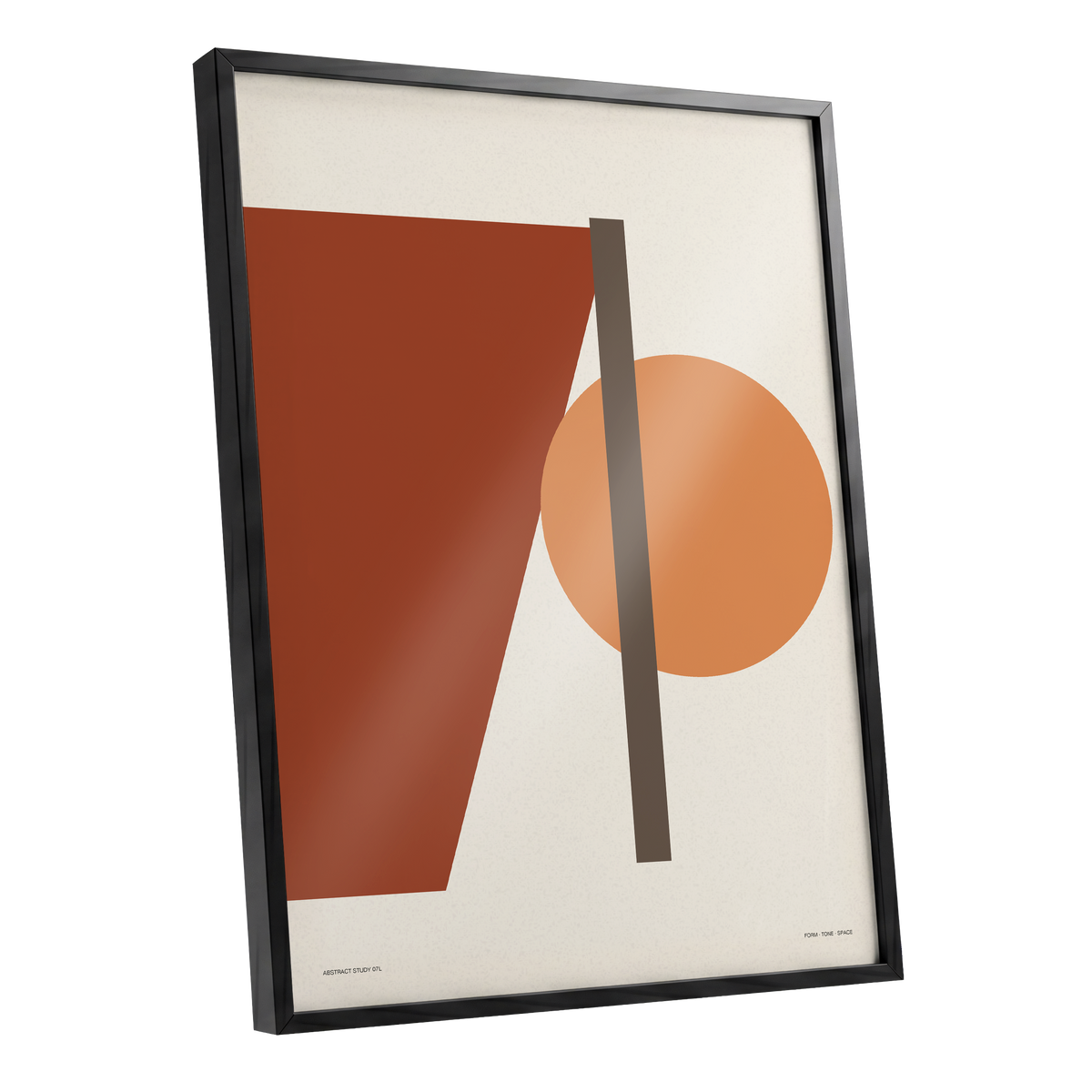 Terracotta Balance, beige, brown, orange minimalist wall art shown as a black framed poster wall art print