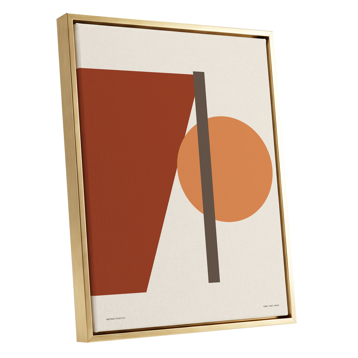 Terracotta Balance, beige, brown, orange minimalist wall art shown as a gold framed canvas wall art