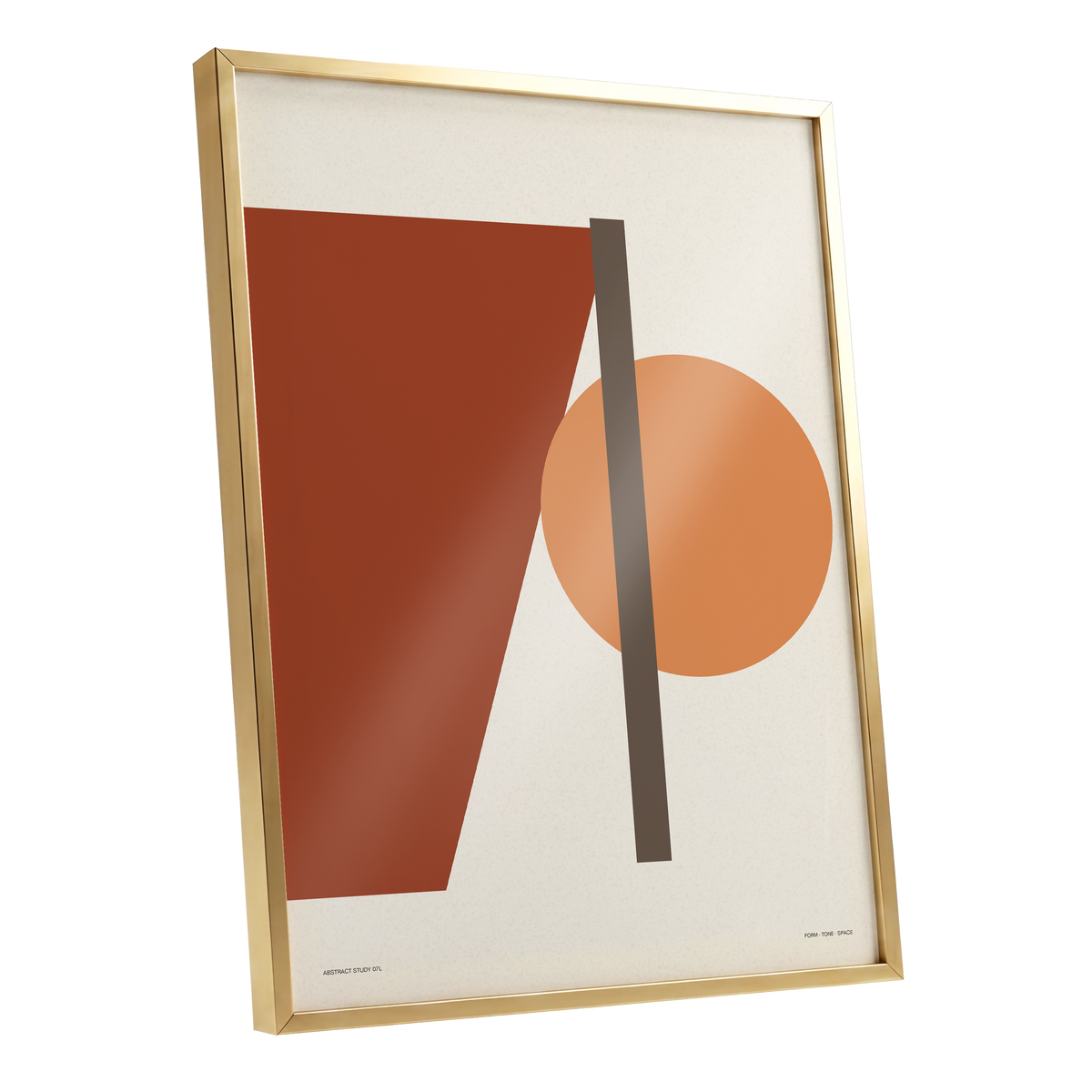 Terracotta Balance, beige, brown, orange minimalist wall art shown as a gold framed poster wall art print