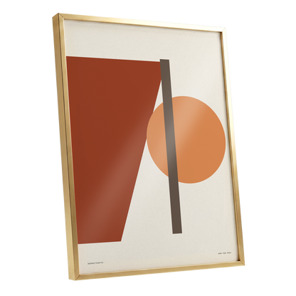 Terracotta Balance, beige, brown, orange minimalist wall art shown as a gold framed poster wall art print