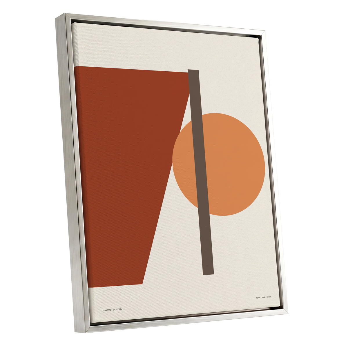 Terracotta Balance, beige, brown, orange minimalist wall art shown as a silver framed canvas wall art