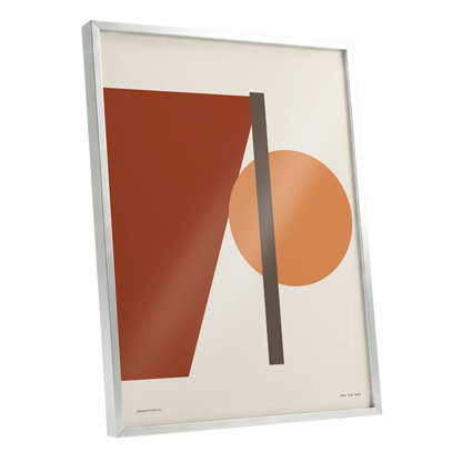 Terracotta Balance, beige, brown, orange minimalist wall art shown as a silver framed poster wall art print