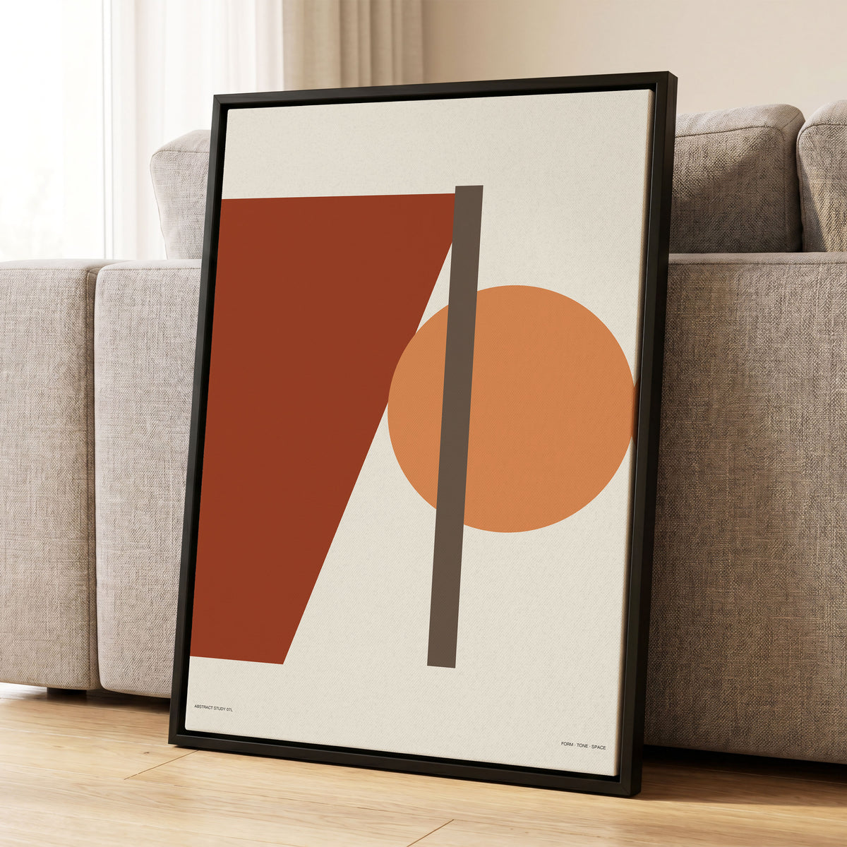 Terracotta Balance, beige, brown, orange minimalist wall art displayed in a styled interior, gallery view 1