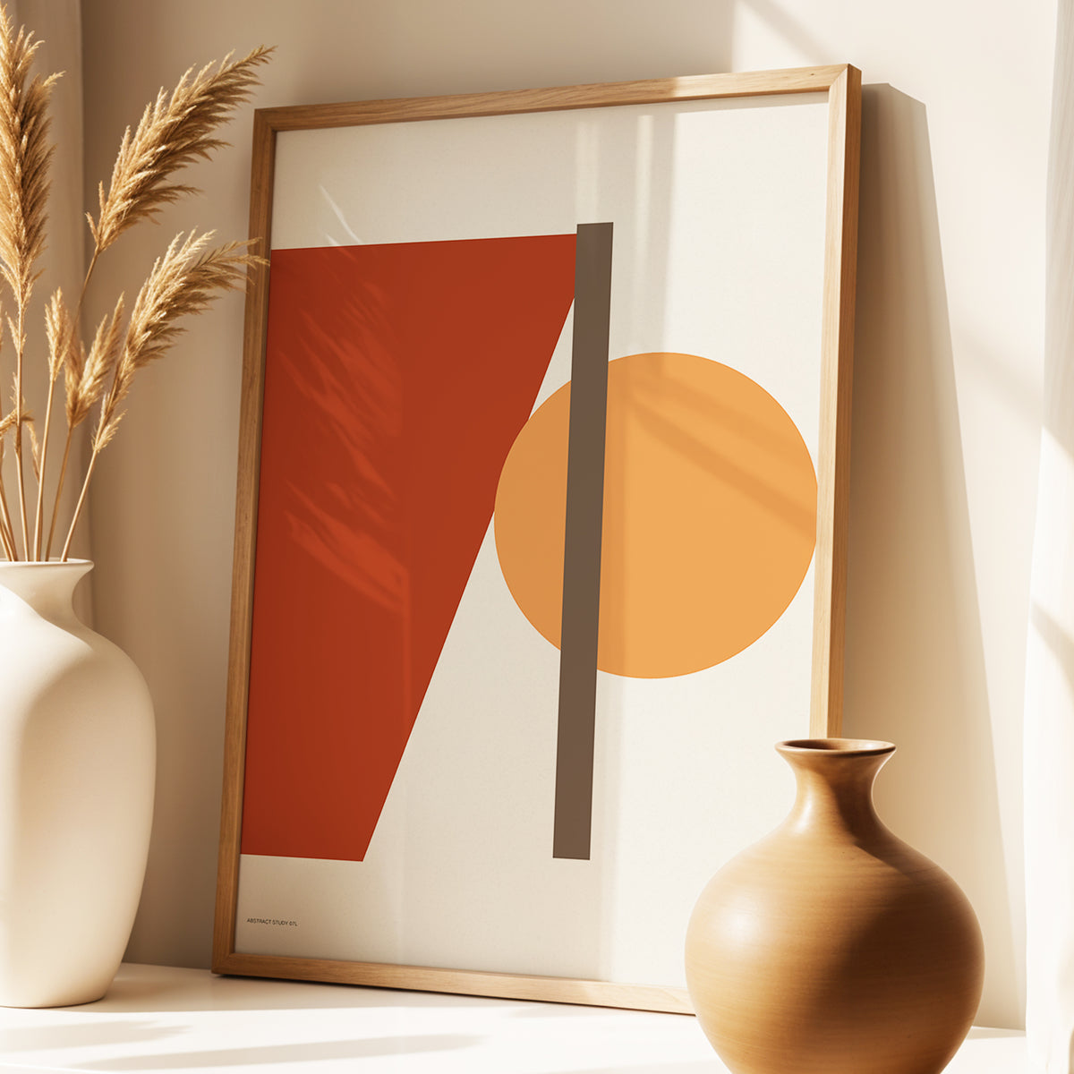 Terracotta Balance, beige, brown, orange minimalist wall art displayed in a styled interior, gallery view 2
