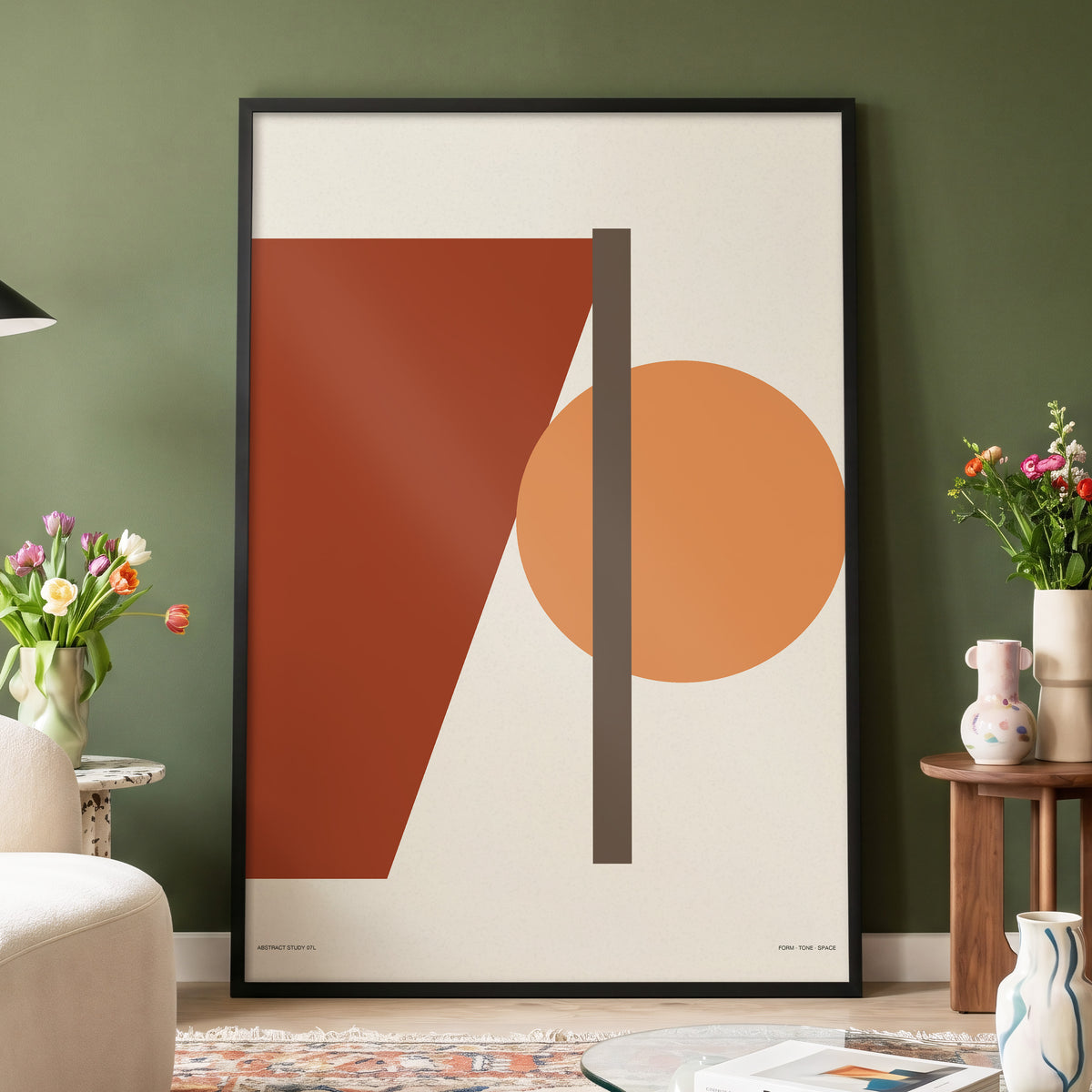 Terracotta Balance, beige, brown, orange minimalist wall art displayed in a styled interior, gallery view 4