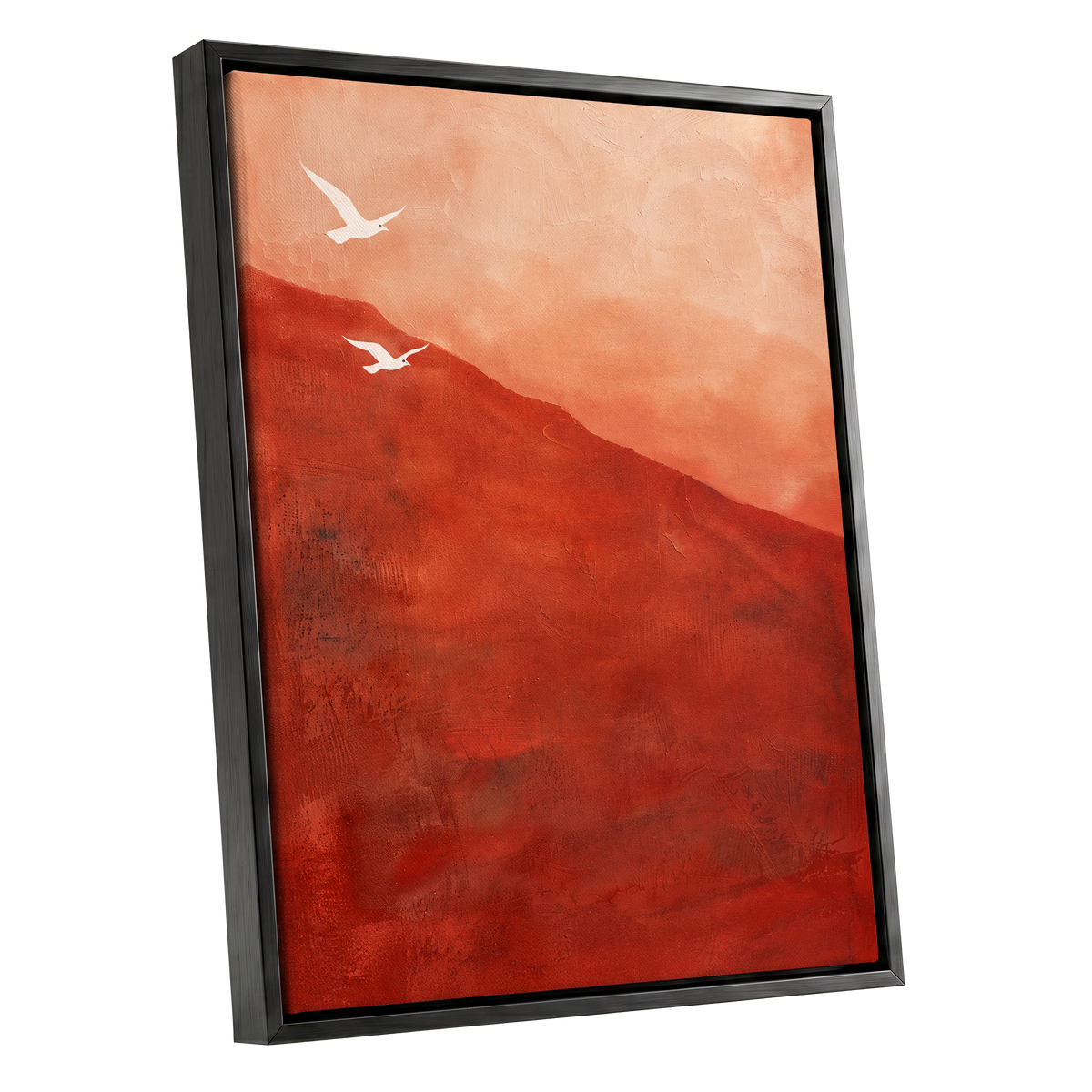 Terracotta Flight, red, orange, pink nature wall art shown as a black framed canvas wall art