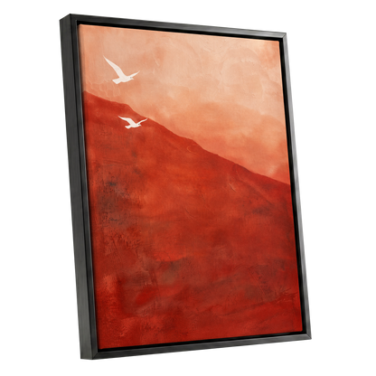 Terracotta Flight, red, orange, pink nature wall art shown as a black framed canvas wall art
