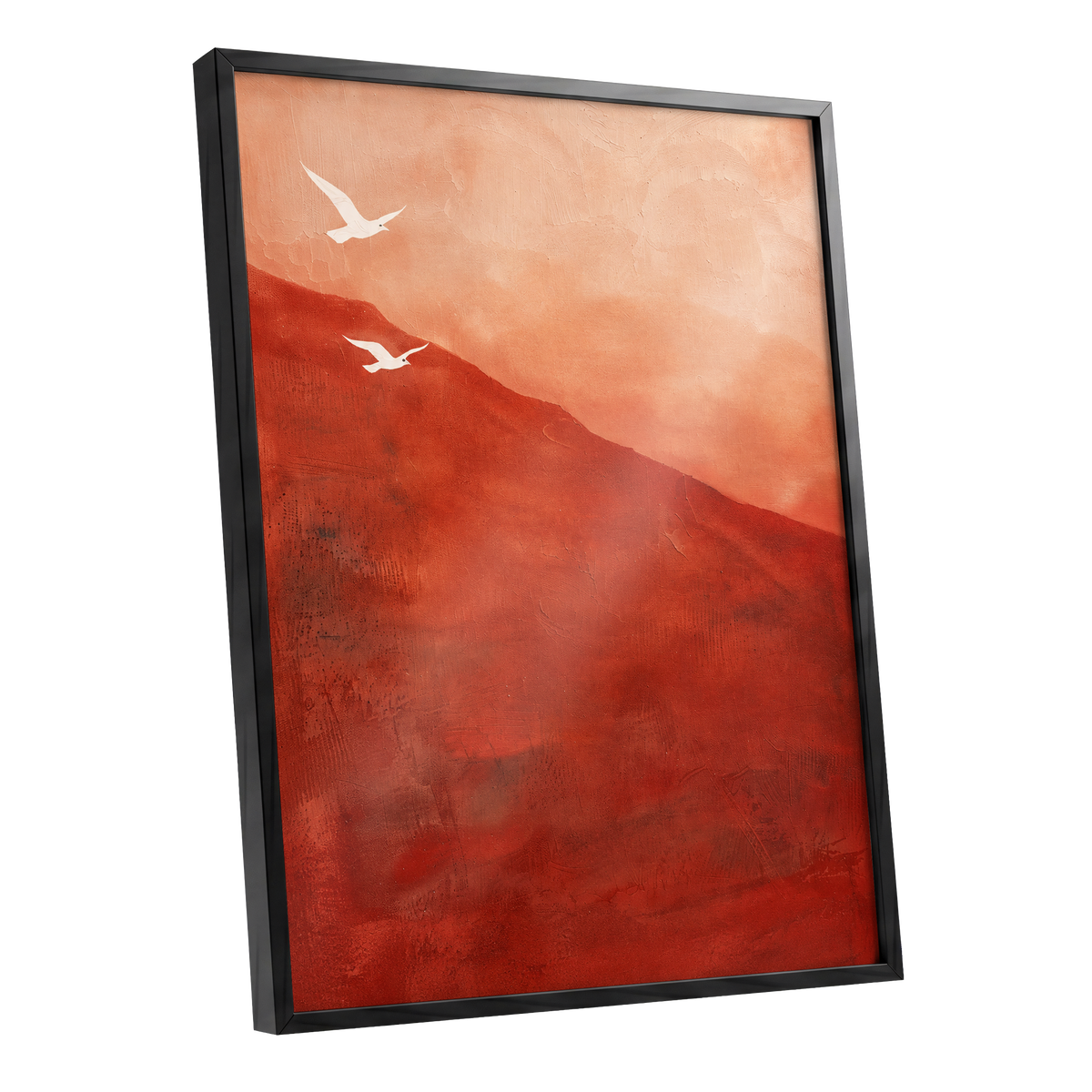 Terracotta Flight, red, orange, pink nature wall art shown as a black framed poster wall art print