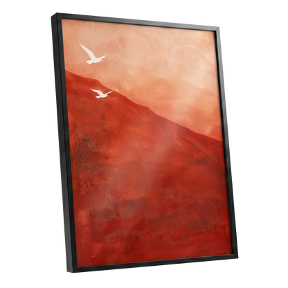 Terracotta Flight, red, orange, pink nature wall art shown as a black framed poster wall art print