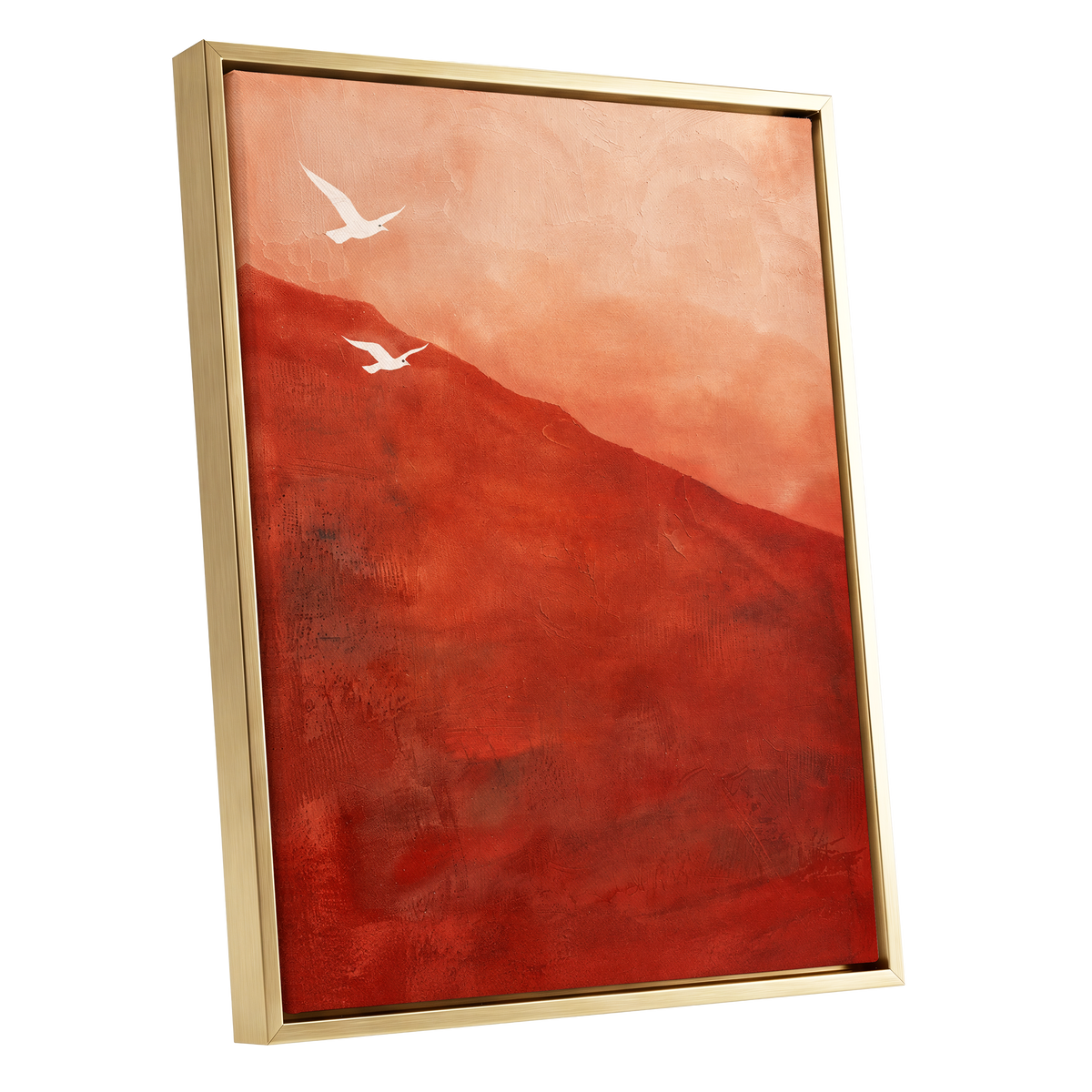 Terracotta Flight, red, orange, pink nature wall art shown as a gold framed canvas wall art
