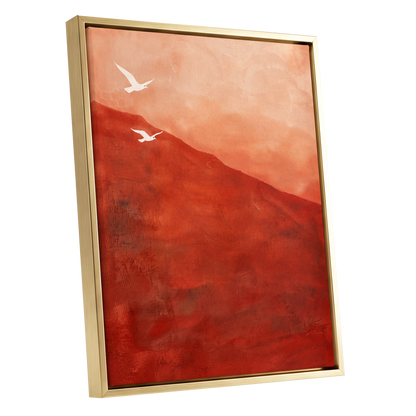 Terracotta Flight, red, orange, pink nature wall art shown as a gold framed canvas wall art