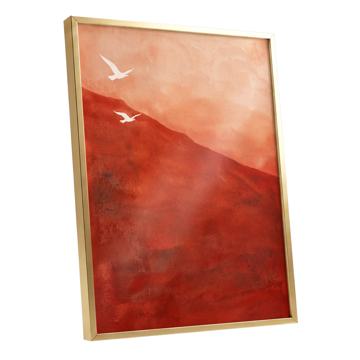 Terracotta Flight, red, orange, pink nature wall art shown as a gold framed poster wall art print