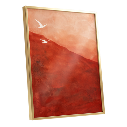 Terracotta Flight, red, orange, pink nature wall art shown as a gold framed poster wall art print