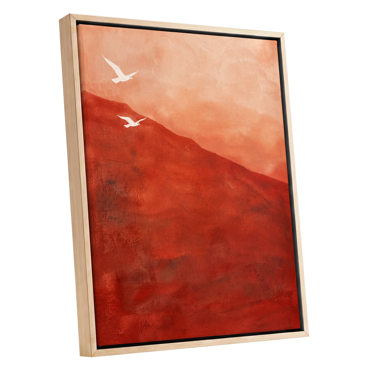 Terracotta Flight, red, orange, pink nature wall art shown as a oak framed canvas wall art