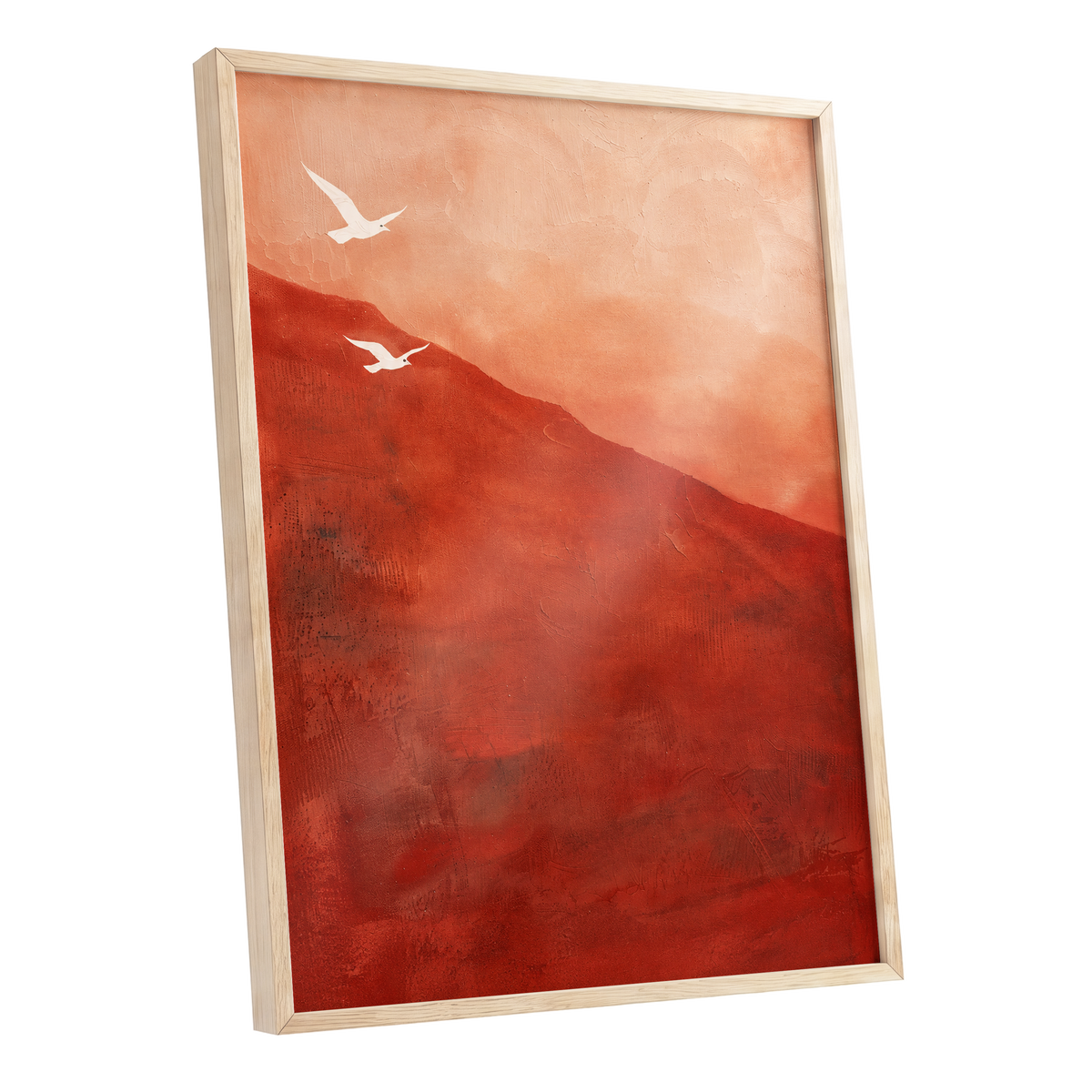 Terracotta Flight, red, orange, pink nature wall art shown as a oak framed poster wall art print