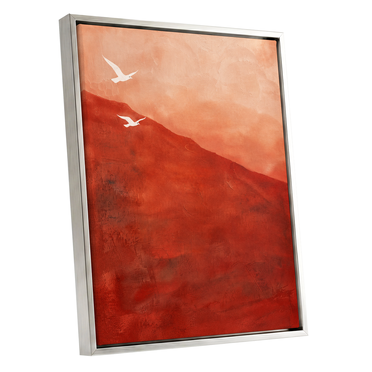 Terracotta Flight, red, orange, pink nature wall art shown as a silver framed canvas wall art