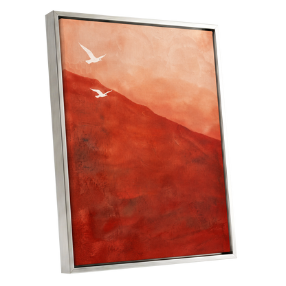 Terracotta Flight, red, orange, pink nature wall art shown as a silver framed canvas wall art