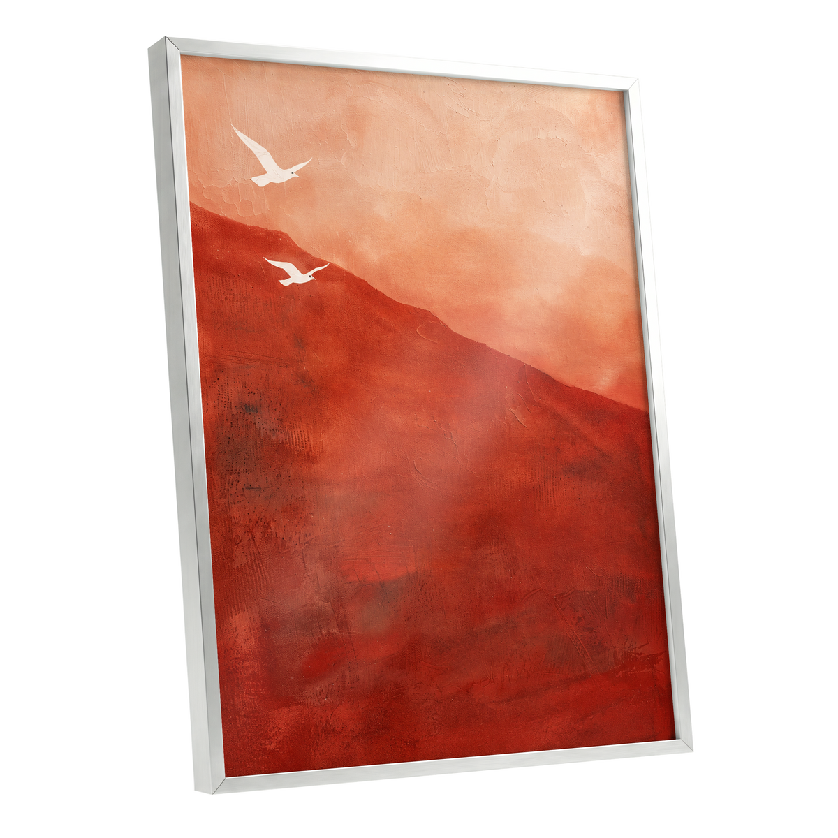 Terracotta Flight, red, orange, pink nature wall art shown as a silver framed poster wall art print