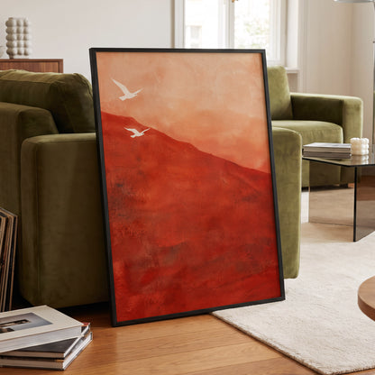 Terracotta Flight, red, orange, pink nature wall art displayed in a styled interior, gallery view 2